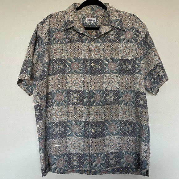 Reyn Spooner Mens Hawaiian Popover Shirt size large Blue Beige Reverse Print USA - Picture 1 of 10